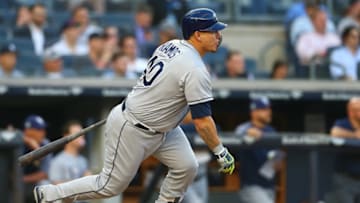 NEW YORK, NY - JUNE 14: Wilson Ramos #40 of the Tampa Bay Rays hits a rBI single in the third inning against the New York Yankees at Yankee Stadium on June 14, 2018 in the Bronx borough of New York City. (Photo by Mike Stobe/Getty Images)