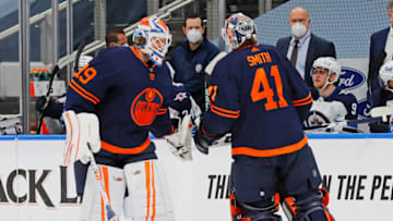 Edmonton Oilers Goalies Mikko Koskinen, #19, and Mike Smith, #41. Mandatory Credit: Perry Nelson-USA TODAY Sports