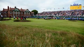 July 22, 2012; St. Annes, ENGLAND; General view of the clubhouse, grandstand, and final scoreboard on the 18th hole during the final round of the 2012 British Open Championship at Royal Lytham & St. Annes Golf Club. Mandatory Credit: Kyle Terada-USA TODAY Sports via USA TODAY Sports