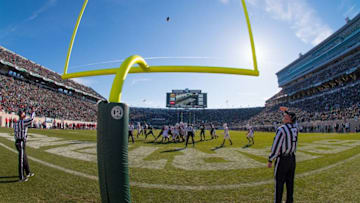 DETROIT, MI - NOVEMBER 12: An extra point attempt goes through the goal posts during a college football game between the Michigan State Spartans and the Rutgers Scarlet Knights at Spartan Stadium on November 12, 2016 in East Lansing, Michigan. The Spartans defeated the Knights 49-0. (Photo by Dave Reginek/Getty Images)