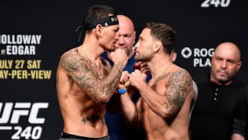 EDMONTON, AB - JULY 26: (L-R) Max Holloway and Frankie Edgar face off during the UFC 240 weigh-in at Rogers Place on July 26, 2019 in Edmonton, Alberta, Canada. (Photo by Jeff Bottari/Zuffa LLC/Zuffa LLC via Getty Images)