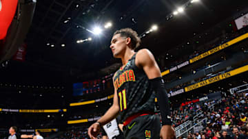 ATLANTA, GA - JANUARY 30: Trae Young #11 of the Atlanta Hawks looks on during the game against the Philadelphia 76ers on January 30, 2020 at State Farm Arena in Atlanta, Georgia. NOTE TO USER: User expressly acknowledges and agrees that, by downloading and/or using this Photograph, user is consenting to the terms and conditions of the Getty Images License Agreement. Mandatory Copyright Notice: Copyright 2020 NBAE (Photo by Scott Cunningham/NBAE via Getty Images)