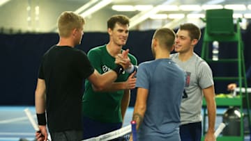 LONDON, ENGLAND - NOVEMBER 12: Neal Skupski, Dan Evans, Jamie Murray and Kyle Edmund shake hands during a practice session ahead of travelling to the Davis Cup at National Tennis Centre on November 12, 2019 in London, England. (Photo by Jordan Mansfield/Getty Images for LTA)