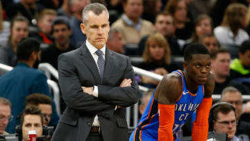 Dennis Schroder, Billy Donovan Mandatory Credit: Kim Klement-USA TODAY Sports