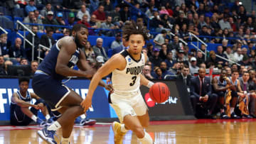 HARTFORD, CT - MARCH 23: Purdue Boilermakers guard Carsen Edwards (3) drives past Villanova Wildcats forward Eric Paschall (4) during the basketball game between Villanova Wildcats and Purdue Boilermakers on March 23, 2019, at the XL Center in Hartford, CT. (Photo by M. Anthony Nesmith/Icon Sportswire via Getty Images)