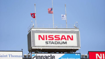NASHVILLE, TENNESSEE - SEPTEMBER 20: The flags fly at half mast prior to a game between the Tennessee Titans and the Jacksonville Jaguars at Nissan Stadium on September 20, 2020 in Nashville, Tennessee. (Photo by Frederick Breedon/Getty Images)