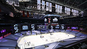 TORONTO, ONTARIO - AUGUST 26: A moment of silence is held in light of the recent events in Kenosha, Wisconsin, in regards to the shooting of Jacob Blake, prior to Game Three of the Eastern Conference Second Round between the Boston Bruins and the Tampa Bay Lightning during the 2020 NHL Stanley Cup Playoffs at Scotiabank Arena on August 26, 2020 in Toronto, Ontario. (Photo by Elsa/Getty Images)