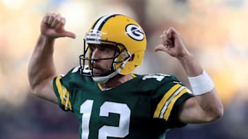 ARLINGTON, TX - OCTOBER 08: Aaron Rodgers #12 of the Green Bay Packers reacts after throwing the game winning touchdown against the Dallas Cowboys in the fourth quarter at AT&T Stadium on October 8, 2017 in Arlington, Texas. (Photo by Ronald Martinez/Getty Images)