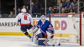 NEW YORK, NY - MARCH 03: New York Rangers Goalie Alexandar Georgiev (40) stops a shot by Washington Capitals Left Wing Alex Ovechkin (8) during a regular season NHL game between the Washington Capitals and the New York Rangers on March 03, 2019, at Madison Square Garden in New York, NY. (Photo by David Hahn/Icon Sportswire via Getty Images)