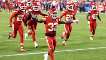 KANSAS CITY, MISSOURI - DECEMBER 06: Tyrann Mathieu #32 of the Kansas City Chiefs celebrates after an interception in the final minutes of a game against the Denver Broncos at Arrowhead Stadium on December 06, 2020 in Kansas City, Missouri. (Photo by Jamie Squire/Getty Images)