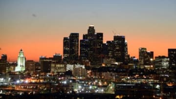Jan 7, 2016; Los Angeles, CA, USA; General view of the downtown Los Angeles skyline before an NCAA basketball game between the Arizona State Sun Devils and the Southern California Trojans at Galen Center. Mandatory Credit: Kirby Lee-USA TODAY Sports
