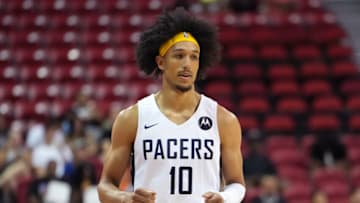 Jul 17, 2022; Las Vegas, NV, USA; Indiana Pacers forward Kendall Brown (10) jogs up court during an NBA Summer League game against the Phoenix Suns at Thomas & Mack Center. Mandatory Credit: Stephen R. Sylvanie-USA TODAY Sports