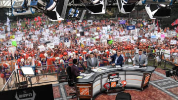 Desmond Howard, College Football Analyst, left, Rece Davis, College GameDay Host and Pat McAfee, College Football Analyst, and David Pollack speak during ESPN College GameDay Built by The Home Depot on Bowman Field at Clemson University in Clemson Saturday, October 1, 2022.Ncaa Football Clemson Football Vs Nc State Wolfpack