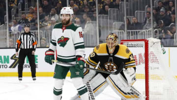 BOSTON, MA - NOVEMBER 23: Minnesota Wild left wing Jason Zucker (16) screens Boston Bruins goalie Tuukka Rask (40) on the power play during a game between the Boston Bruins and the Minnesota Wild on November 23, 2019, at TD Garden in Boston, Massachusetts. (Photo by Fred Kfoury III/Icon Sportswire via Getty Images)