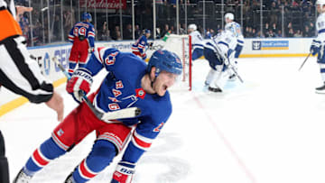 NEW YORK, NY - OCTOBER 29: Adam Fox #23 of the New York Rangers reacts after scoring the first goal of his NHL career in the third period against the Tampa Bay Lightning at Madison Square Garden on October 29, 2019 in New York City. (Photo by Jared Silber/NHLI via Getty Images)