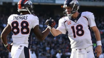 Dec 29, 2013; Oakland, CA, USA; Denver Broncos wide receiver Demaryius Thomas (88) celebrates with quarterback Peyton Manning (18) after scoring a touchdown against the Oakland Raiders during the second quarter at O.co Coliseum. Mandatory Credit: Kelley L Cox-USA TODAY Sports