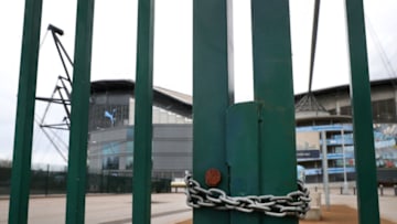 MANCHESTER, ENGLAND - MARCH 14: A general view outside the Etihad Stadium, home of Manchester City F.C, is seen as the scheduled match to be played today between Manchester City and Burnley was postponed due to Covid-19 on March 14, 2020 in Manchester, England. (Photo by Alex Livesey/Getty Images)