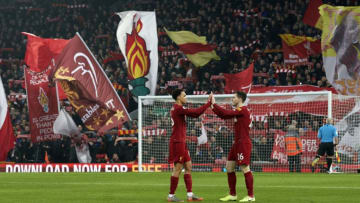 LIVERPOOL, ENGLAND - JANUARY 19: (THE SUN OUT, THE SUN ON SUNDAY OUT) Trent Alexander-Arnold and Andy Robertson at the start of the Premier League match between Liverpool FC and Manchester United at Anfield on January 19, 2020 in Liverpool, United Kingdom. (Photo by Nick Taylor/Liverpool FC/Liverpool FC via Getty Images)
