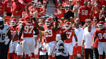 Sep 11, 2016; Kansas City, MO, USA; Kansas City Chiefs linebacker Justin March (59) celebrates a tackle against the San Diego Chargers in the first half at Arrowhead Stadium. Kansas City won 33-27. Mandatory Credit: John Rieger-USA TODAY Sports