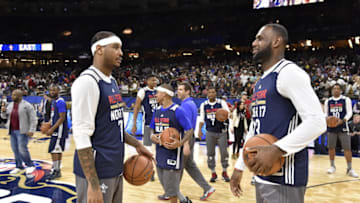NEW ORLEANS, LA - FEBRUARY 18: Carmelo Anthony #7 and LeBron James #23 of the Eastern Conference talk during the 2017 NBA All-Star Practice as a part of 2017 All-Star Weekend at the Mercedes-Benz Superdome on February 18, 2017 in New Orleans, Louisiana. NOTE TO USER: User expressly acknowledges and agrees that, by downloading and/or using this photograph, user is consenting to the terms and conditions of the Getty Images License Agreement. Mandatory Copyright Notice: Copyright 2017 NBAE (Photo by Bill Baptist/NBAE via Getty Images)