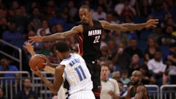Oct 13, 2015; Orlando, FL, USA; Miami Heat forward Greg Whittington (22) defends Orlando Magic forward Devyn Marble (11) during the second quarter at Amway Center. Mandatory Credit: Kim Klement-USA TODAY Sports
