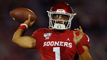 NORMAN, OK - NOVEMBER 9: Quarterback Jalen Hurts #1 of the Oklahoma Sooners throws before a game against the Iowa State Cyclones on November 9, 2019 at Gaylord Family Oklahoma Memorial Stadium in Norman, Oklahoma. OU held on to win 42-41. (Photo by Brian Bahr/Getty Images)