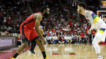 James Harden #13 of the Houston Rockets dribbles the ball defended by Lonzo Ball #2 of the New Orleans Pelicans(Photo by Tim Warner/Getty Images)