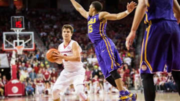 Feb 23, 2016; Fayetteville, AR, USA; Arkansas Razorbacks guard Dusty Hannahs (3) looks for a pass as LSU Tigers guard Jayln Patterson (15) jumps in to defend in the first half at Bud Walton Arena. The Razorbacks won 85-65. Mandatory Credit: Gunnar Rathbun-USA TODAY Sports