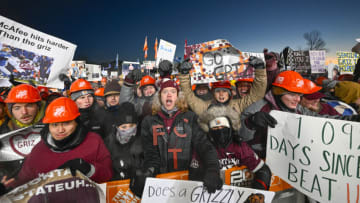 BOZEMAN, MONTANA - NOVEMBER 19: Montana Grizzlies fans cheer in the College GameDay crowd before a college football game against the Montana State Bobcats at Bobcat Stadium on November 19, 2022 in Bozeman, Montana. (Photo by Tommy Martino/University of Montana/Getty Images)