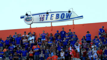 GAINESVILLE, FL - OCTOBER 06: A sign displays Tim Tebow being inducted into the Ring of Honor is unveiled during the game between the Florida Gators and the LSU Tigers at Ben Hill Griffin Stadium on October 6, 2018 in Gainesville, Florida. (Photo by Sam Greenwood/Getty Images)