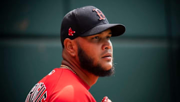 NORTH PORT, FL - MARCH 6: Eduardo Rodriguez #57 of the Boston Red Sox looks on before a Grapefruit League game against the Atlanta Braves on March 6, 2020 at CoolToday Park in North Port, Florida. (Photo by Billie Weiss/Boston Red Sox/Getty Images)