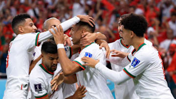 DOHA, QATAR - NOVEMBER 27: Abdelhamid Sabiri (C) of Morocco celebrates after scoring their team's first goal with their teammates during the FIFA World Cup Qatar 2022 Group F match between Belgium and Morocco at Al Thumama Stadium on November 27, 2022 in Doha, Qatar. (Photo by Buda Mendes/Getty Images)