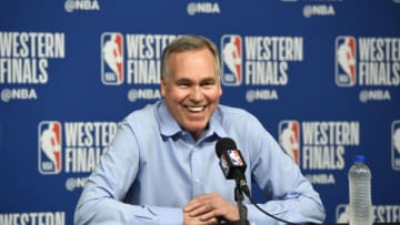 HOUSTON, TX - MAY 24: Head Coach Mike D'Antoni of the Houston Rockets speaks to the media after Game Five of the Western Conference Finals against the Golden State Warriors during the 2018 NBA Playoffs on May 24, 2018 at the Toyota Center in Houston, Texas. NOTE TO USER: User expressly acknowledges and agrees that, by downloading and/or using this photograph, user is consenting to the terms and conditions of the Getty Images License Agreement. Mandatory Copyright Notice: Copyright 2018 NBAE (Photo by Bill Baptist/NBAE via Getty Images)