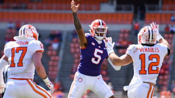 Clemson quarterback D.J. Uiagalelei (5) throws the ball over safety Tyler Venables (12) during their annual spring game at Memorial Stadium Apr 3, 2021; Clemson, South Carolina, USA.