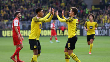 Thorgan Hazard of Borussia Dortmund celebrates his goal. (Photo by Joosep Martinson/Getty Images)