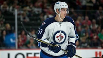 Oct 15, 2016; Saint Paul, MN, USA; Winnipeg Jets defenseman Tyler Myers (57) against the Minnesota Wild at Xcel Energy Center. The Wild defeated the Jets 4-3. Mandatory Credit: Brace Hemmelgarn-USA TODAY Sports