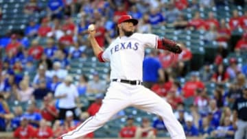 Sep 18, 2015; Arlington, TX, USA; Texas Rangers starting pitcher Yovani Gallardo (49) throws during the first inning against the Seattle Mariners at Globe Life Park in Arlington. Mandatory Credit: Kevin Jairaj-USA TODAY Sports