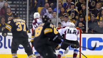 Oct 13, 2014; Boston, MA, USA; Colorado Avalanche center Daniel Briere (48) scores the winning goal with 0.5 seconds left in the third period against the Boston Bruins at TD Banknorth Garden. Mandatory Credit: Bob DeChiara-USA TODAY Sports