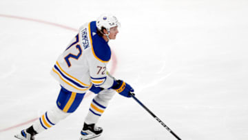 Sep 28, 2023; Pittsburgh, Pennsylvania, USA; Buffalo Sabres right wing Tage Thompson (72) moves the puck up ice against the Pittsburgh Penguins during the second period at PPG Paints Arena. Mandatory Credit: Charles LeClaire-USA TODAY Sports