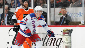 PHILADELPHIA, PA - APRIL 07: Jimmy Vesey #26 of the Philadelphia Flyers skates against Jakub Voracek #93 of the New York Rangers for his third goal of the game on April 7, 2018 at the Wells Fargo Center in Philadelphia, Pennsylvania. (Photo by Len Redkoles/NHLI via Getty Images)