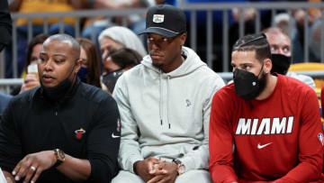 INDIANAPOLIS, INDIANA - OCTOBER 23: Kyle Lowry #7 of the Miami Heat looks on in the third quarter against the Indiana Pacers at Gainbridge Fieldhouse on October 23, 2021 in Indianapolis, Indiana. NOTE TO USER: User expressly acknowledges and agrees that, by downloading and or using this photograph, User is consenting to the terms and conditions of the Getty Images License Agreement. (Photo by Dylan Buell/Getty Images)