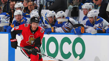 BUFFALO, NY - APRIL 4: Mike Hoffman #68 of the Ottawa Senators chases down the puck during an NHL game against the Buffalo Sabres on April 4, 2018 at KeyBank Center in Buffalo, New York. (Photo by Bill Wippert/NHLI via Getty Images)