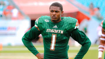 Oct 24, 2015; Miami Gardens, FL, USA; Miami Hurricanes defensive back Artie Burns (1) looks on during the second half against the Clemson Tigers at Sun Life Stadium. Mandatory Credit: Steve Mitchell-USA TODAY Sports