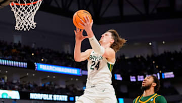 Mar 17, 2022; Fort Worth, TX, USA; Baylor Bears guard Matthew Mayer (24) shoots the ball against the Norfolk State Spartans during the second half during the first round of the 2022 NCAA Tournament at Dickies Arena. Mandatory Credit: Chris Jones-USA TODAY Sports