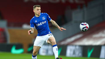 LIVERPOOL, ENGLAND - FEBRUARY 20: Lucas Digne of Everton during the Premier League match between Liverpool and Everton at Anfield on February 20, 2021 in Liverpool, United Kingdom. Sporting stadiums around the UK remain under strict restrictions due to the Coronavirus Pandemic as Government social distancing laws prohibit fans inside venues resulting in games being played behind closed doors. (Photo by Robbie Jay Barratt - AMA/Getty Images)