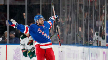 NEW YORK, NY - NOVEMBER 25: Tony DeAngelo #77 of the New York Rangers reacts after scoring the game winning goal in overtime against the Minnesota Wild at Madison Square Garden on November 25, 2019 in New York City. (Photo by Jared Silber/NHLI via Getty Images)