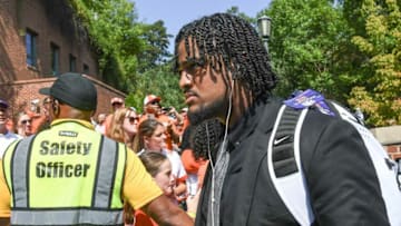 Clemson defensive lineman Jordan Williams (59) walks by fans before the game with North Carolina in Chapel Hill, North Carolina Saturday, September 28, 2019.Clemson Unc Pregame Fans