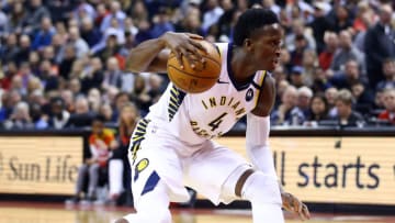 TORONTO, ON - FEBRUARY 05: Victor Oladipo #4 of the Indiana Pacers dribbles the ball during the first half of an NBA game against the Toronto Raptors at Scotiabank Arena on February 05, 2020 in Toronto, Canada. NOTE TO USER: User expressly acknowledges and agrees that, by downloading and or using this photograph, User is consenting to the terms and conditions of the Getty Images License Agreement. (Photo by Vaughn Ridley/Getty Images)