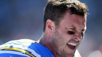 CARSON, CALIFORNIA - OCTOBER 06: Philip Rivers #17 of the Los Angeles Chargers talks on the sidelines during the first quarter against the Denver Broncos at Dignity Health Sports Park on October 06, 2019 in Carson, California. (Photo by Harry How/Getty Images)
