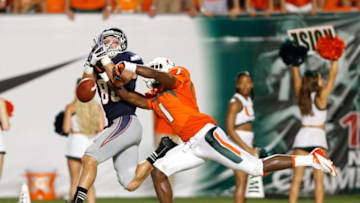 MIAMI GARDENS, FL - AUGUST 30: Artie Burns #1 of the Miami Hurricanes breaks up the pass intended for Jenson Stoshak #88 of the Florida Atlantic Owls on August 30, 2013 at Sun Life Stadium in Miami Gardens, Florida. Miami defeated Florida Atlantic 34-6. (Photo by Joel Auerbach/Getty Images)